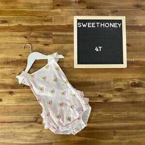 SweetHoney Pink Petal Knit Floral Sleeveless Ruffle Romper One Piece Preppy 4T